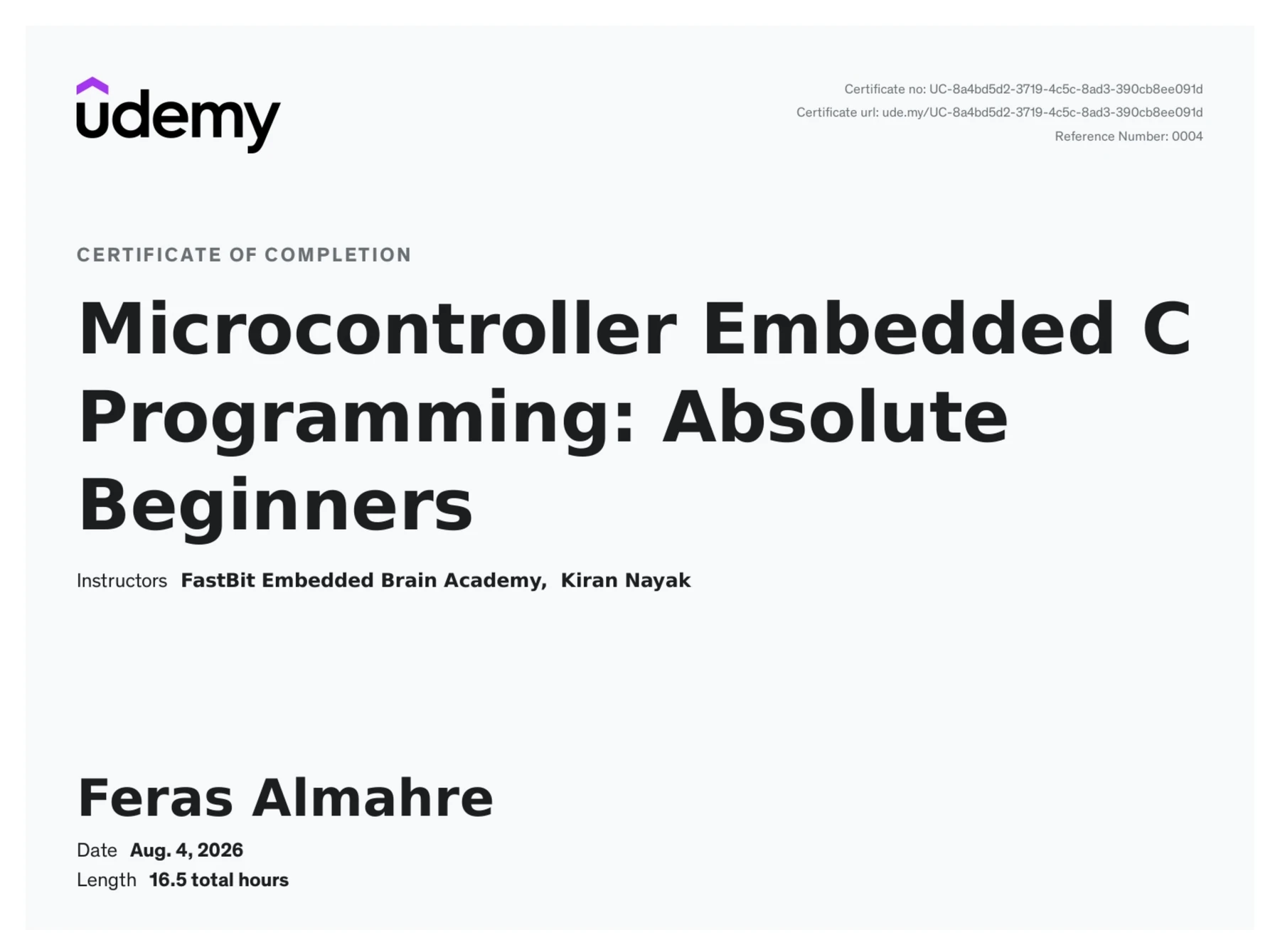Microcontroller Embedded C Programming: Absolute Beginners certificate