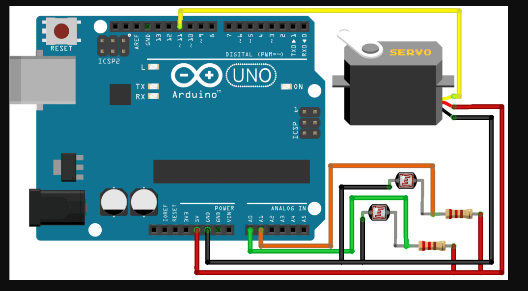 Wiring diagram connecting two LDR voltage dividers and an SG90 servo to an Arduino UNO