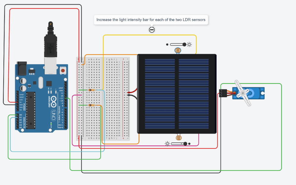 Tinkercad circuit with the first LDR set brighter and the servo rotated toward that side