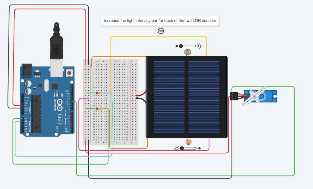 Tinkercad circuit with the second LDR set brighter and the servo rotated in the opposite direction