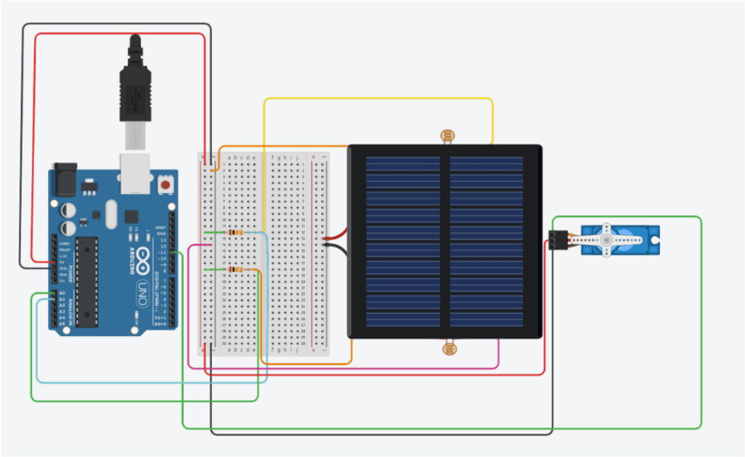 Tinkercad simulation of the Arduino solar tracker circuit with two light sensors and servo control.